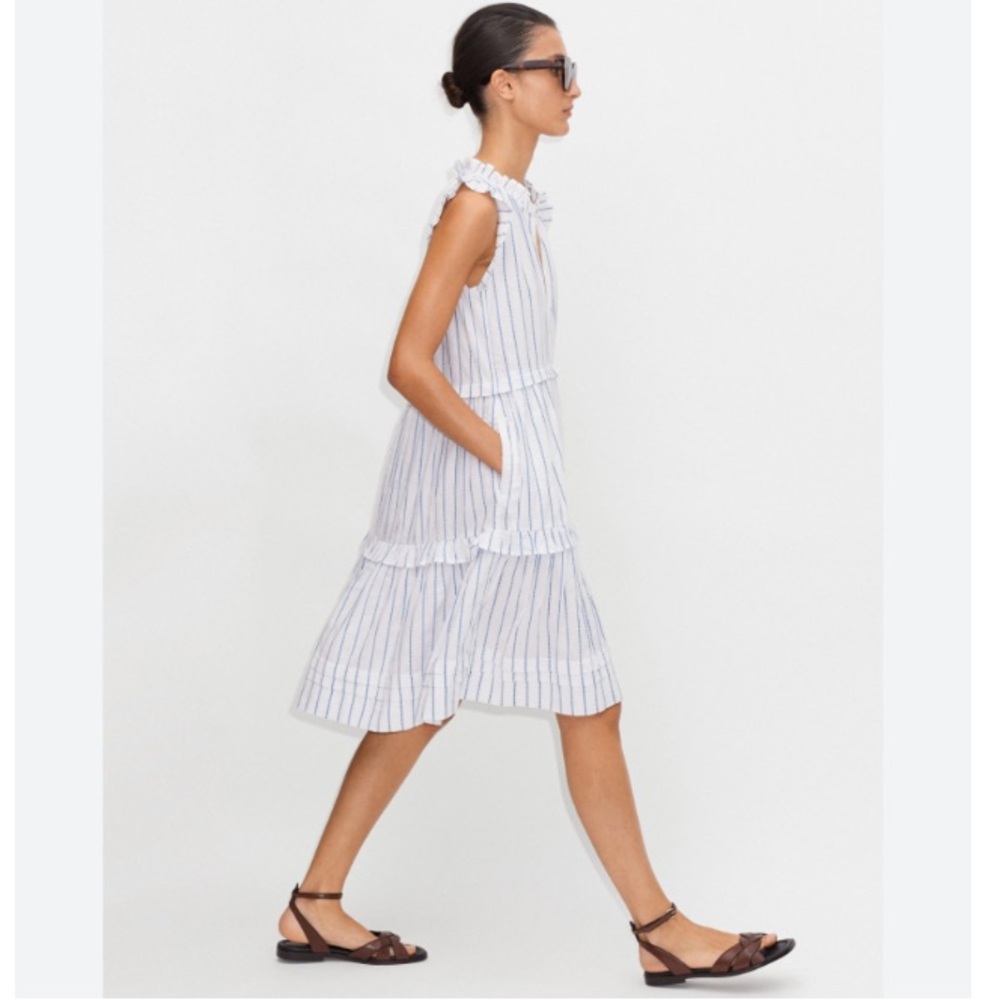 New ME+EM Cotton Stripe Short Swing Dress White Blue Flutter Sleeve Size US 8